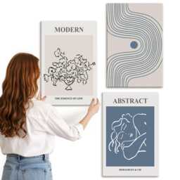 Canvas Wall Art Set Of 3 - Flowers Lines & Shapes Posters, Blue Large Art, Artwork Decor - thumbnail 2