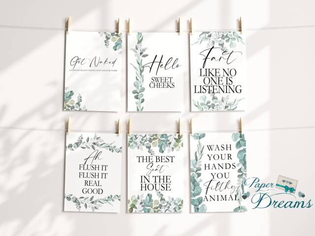 Bathroom Prints -25 Designs - Minimalist Wall Art Toilet 7 Sizes Funny Home Gift, Typography Print, Eucalyptus, Watercolour Leaf Design - image 1