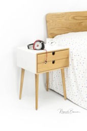 White Nightstand/Bedside Table, Scandinavian Mid-Century Modern Retro Style With 1 Or 2 Drawers & Legs Made Of Oak Wood