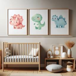 Kids Dinosaur Wall Art Set - 3 Prints - Nursery, Bedroom Poster Watercolour Dino Decor Childrens Kid Playroom Artwork Print - thumbnail 1