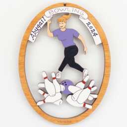 Personalized Bowling Christmas Ornament For Girl With Custom Colors -Wood, Hand Painted, Laser Cut - thumbnail 2