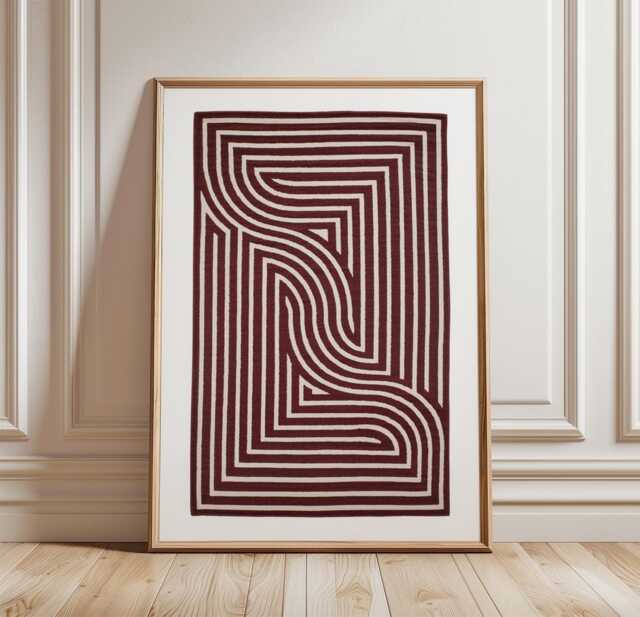 Burgundy Maze Poster - Minimal Geometric Wall Art Abstract Line Print - image 1