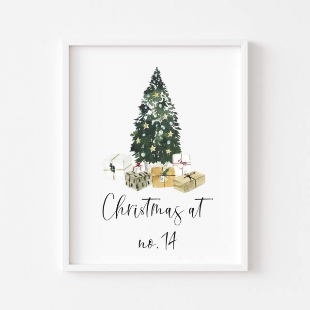 Personalised Christmas House Print Watercolour Xmas Tree Wall Art - Unframed - image 1