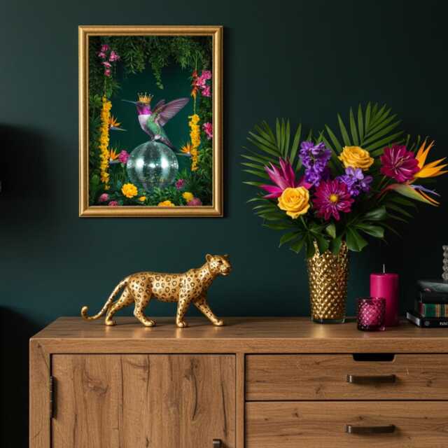 Disco Ball Hummingbird Wall Art - Crowned Bird Jungle Print Bold Maximalist Decor Colourful Tropical Queen Artwork - image 1