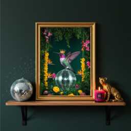 Disco Ball Hummingbird Wall Art - Crowned Bird Jungle Print Bold Maximalist Decor Colourful Tropical Queen Artwork - thumbnail 2