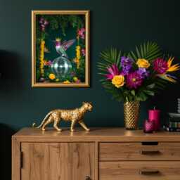 Disco Ball Hummingbird Wall Art - Crowned Bird Jungle Print Bold Maximalist Decor Colourful Tropical Queen Artwork - thumbnail 1