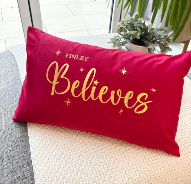 Personalised Red Velvet Kids Believes Christmas Cushion Cover 30x50cm - image 1