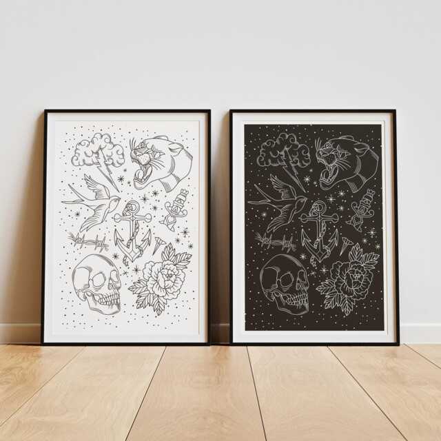 Traditional Tattoo - Line Flash Poster Sheet Art Poster, Classic Designs, Ink-Inspired Wall Decor, Alternative Home Decor - image 1