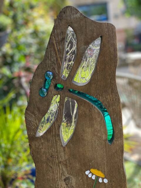 Dragonfly Garden Sculpture - Personalised Memorial Gift Reclaimed Wood & Stained Glass - image 1