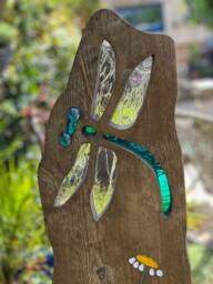 Dragonfly Garden Sculpture - Personalised Memorial Gift Reclaimed Wood & Stained Glass