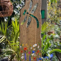 Dragonfly Garden Sculpture - Personalised Memorial Gift Reclaimed Wood & Stained Glass - thumbnail 3
