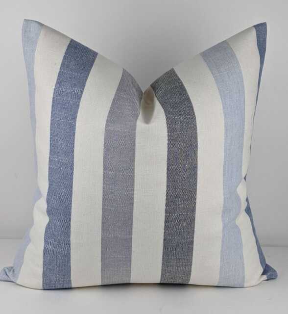 Blue Grey Stripe Cotton Linen Blend Cushion Cover Penzance Nautical Coastal Style Handmade Cover - image 1
