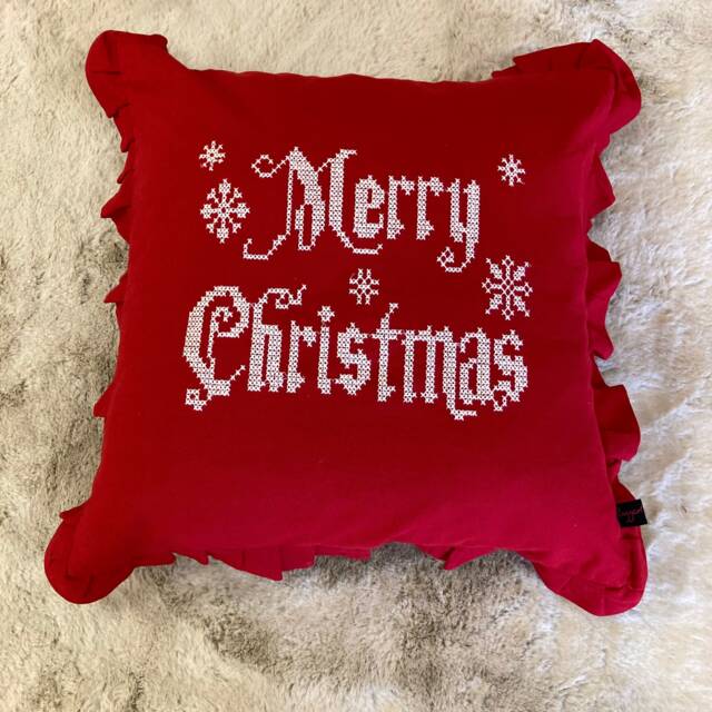 Red Merry Christmas Pillow, Embroidered Cotton Cushion, Ruffle Trim - image 1