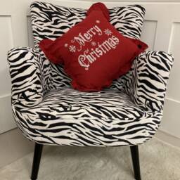 Red Merry Christmas Pillow, Embroidered Cotton Cushion, Ruffle Trim - thumbnail 3