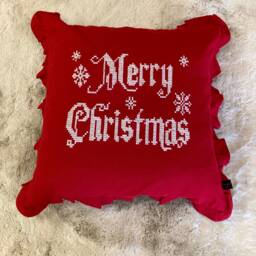 Red Merry Christmas Pillow, Embroidered Cotton Cushion, Ruffle Trim
