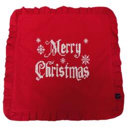 Red Merry Christmas Pillow, Embroidered Cotton Cushion, Ruffle Trim - thumbnail 2