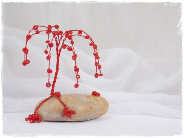 Mini Wire Tree Sculpture, Red Coral Beads, Beach Pebble Base - image 1