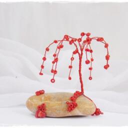 Mini Wire Tree Sculpture, Red Coral Beads, Beach Pebble Base - thumbnail 3