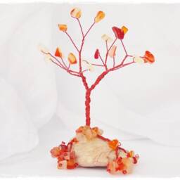 Mini Wire Tree Sculpture, Red Coral Beads, Beach Pebble Base - thumbnail 4
