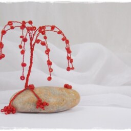 Mini Wire Tree Sculpture, Red Coral Beads, Beach Pebble Base - thumbnail 2