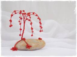 Mini Wire Tree Sculpture, Red Coral Beads, Beach Pebble Base