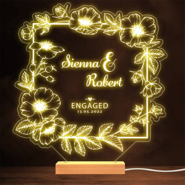 Pretty Floral Frame Engagement Personalised Gift Warm Lamp Night Light - image 1