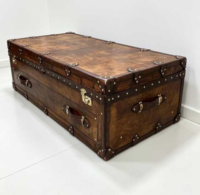 Handmade Leather Steamer Trunk Coffee Table, Luxury Storage Ottoman With Antique Brass Hardware - image 1