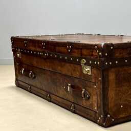 Handmade Leather Steamer Trunk Coffee Table, Luxury Storage Ottoman With Antique Brass Hardware - thumbnail 3