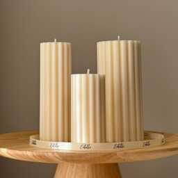 Hand Poured Soy Ribbed Pillar Candle Trio Sculptural Art - thumbnail 1