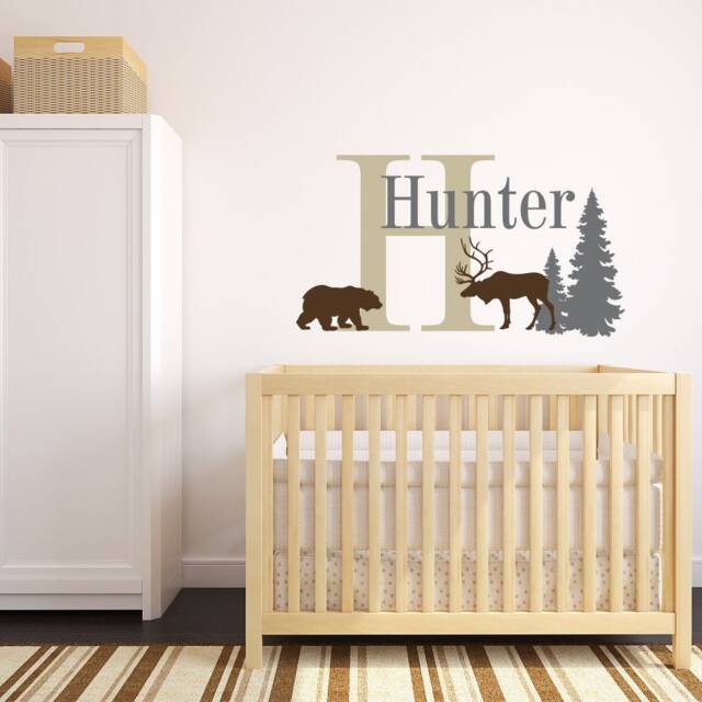 Personalized Woodland Nursery Wall Decal Custom Name With Deer, Bear, & Initial Ww227 - image 1