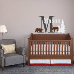 Personalized Woodland Nursery Wall Decal Custom Name With Deer, Bear, & Initial Ww227 - thumbnail 3
