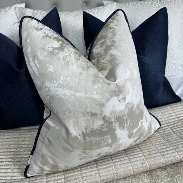 Champagne Cushion With Navy Piping, Metallic Tessere Fabric All Sizes Designer Accent Made in UK - image 1
