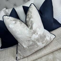 Champagne Cushion With Navy Piping, Metallic Tessere Fabric All Sizes Designer Accent Made in UK - thumbnail 3