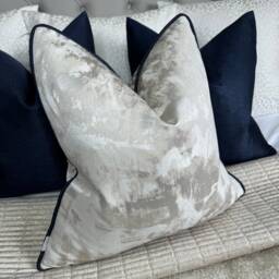 Champagne Cushion With Navy Piping, Metallic Tessere Fabric All Sizes Designer Accent Made in UK - thumbnail 1