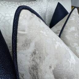 Champagne Cushion With Navy Piping, Metallic Tessere Fabric All Sizes Designer Accent Made in UK - thumbnail 2