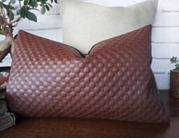 Embroidered Faux Leather Lumbar Pillow Cover Modern Scandinavian Decor -40x60cm - thumbnail 1