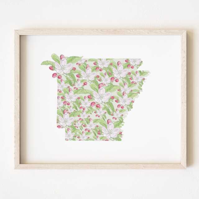 Arkansas State Flower Map Watercolor Apple Blossom - Art Print Wall Graduation Wedding Realtor Moving Gift American South - image 1