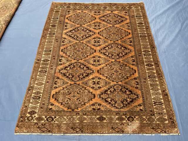Handmade Baluchi Rug 4.4x6, Antique Look Afghan Wool Rug, Copper Orange Geometric Area Traditional Tribal For Bedroom Living Room - image 1