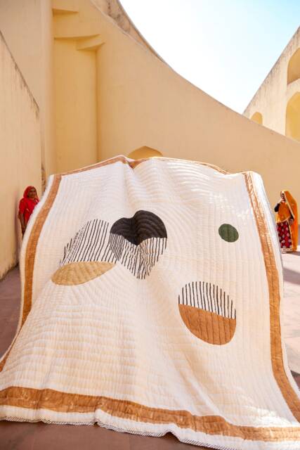 Modern Twin Quilt Handmade Block-Printed Cotton Bedspread, Reversible Kantha Blanket - image 1