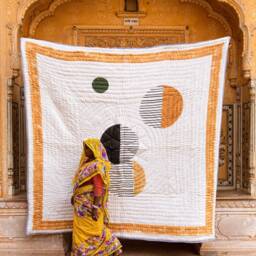 Modern Twin Quilt Handmade Block-Printed Cotton Bedspread, Reversible Kantha Blanket - thumbnail 2