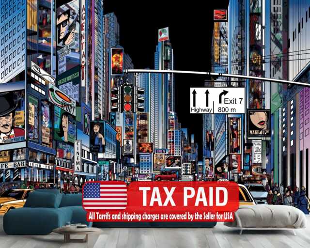 Cartoon Cityscape Wallpaper Mural, Colorful Comic Style - Peel & Stick - image 1