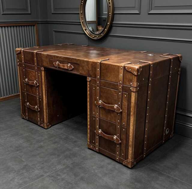 Hand-Dyed Leather Writing Desk Executive Furniture, Solid Wood Frame, Handmade Workspace - image 1