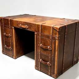Hand-Dyed Leather Writing Desk Executive Furniture, Solid Wood Frame, Handmade Workspace - thumbnail 3