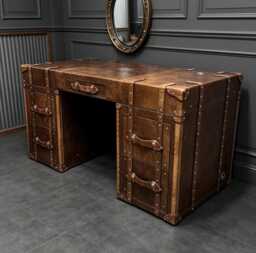 Hand-Dyed Leather Writing Desk Executive Furniture, Solid Wood Frame, Handmade Workspace - thumbnail 1