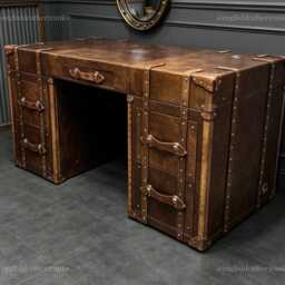Hand-Dyed Leather Writing Desk Executive Furniture, Solid Wood Frame, Handmade Workspace - thumbnail 2
