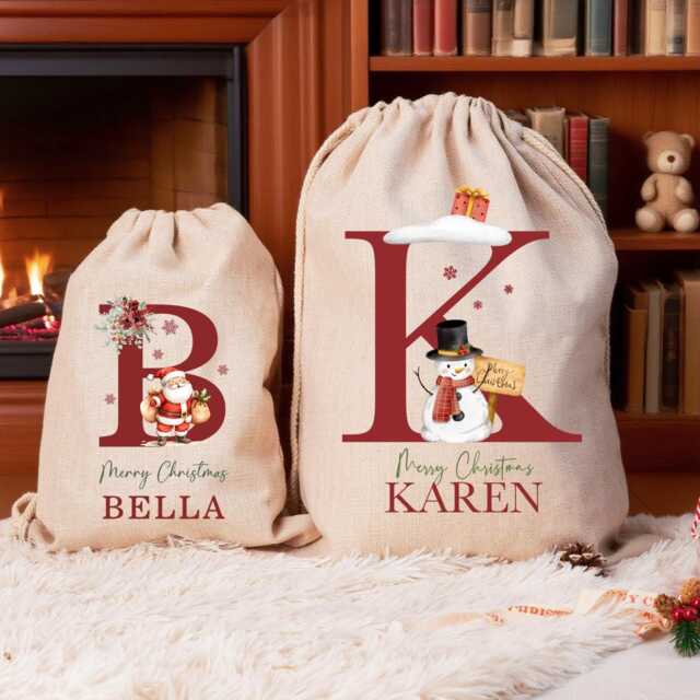Custom Santa Sack Christmas With Name & Initial, Initial Xmas Stocking, Christmas Present Gift Bag For Him Her Kids Adults Children - image 1