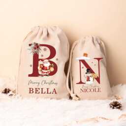 Custom Santa Sack Christmas With Name & Initial, Initial Xmas Stocking, Christmas Present Gift Bag For Him Her Kids Adults Children - thumbnail 3