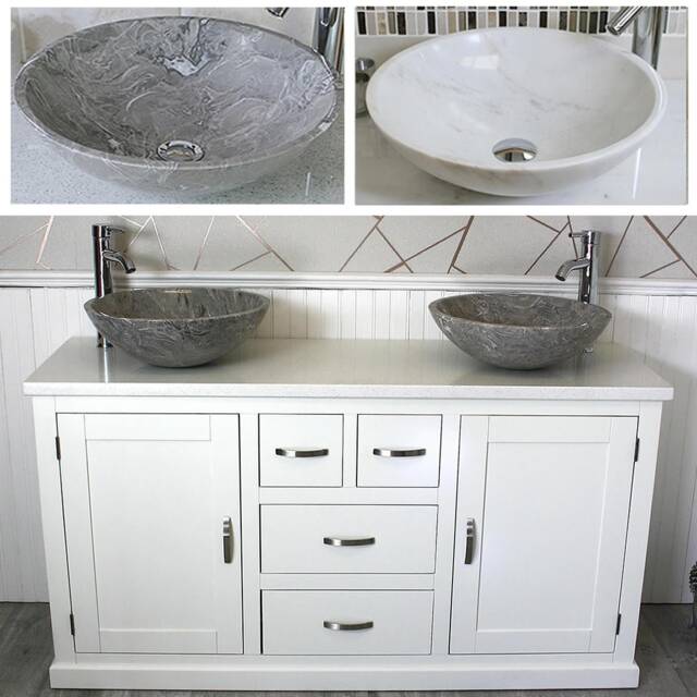 White Bathroom Double Vanity Unit Cabinet Quartz Marble Basin Set 603Pwqsbc - image 1
