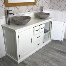 White Bathroom Double Vanity Unit Cabinet Quartz Marble Basin Set 603Pwqsbc - thumbnail 3