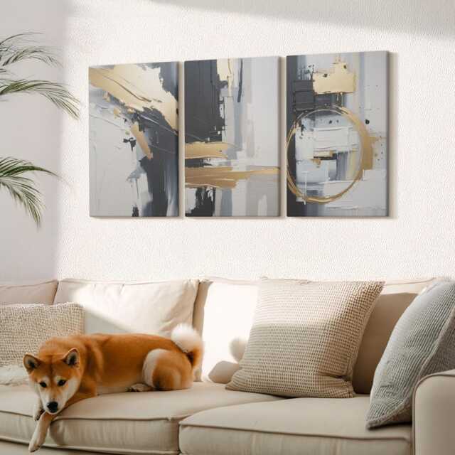 Canvas Set Of 3 Wall Art - Painting Compositions in Black & White, Gray Art, Abstract Hanging Piece - image 1
